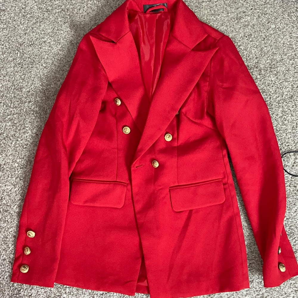 Red blazer with gold accents